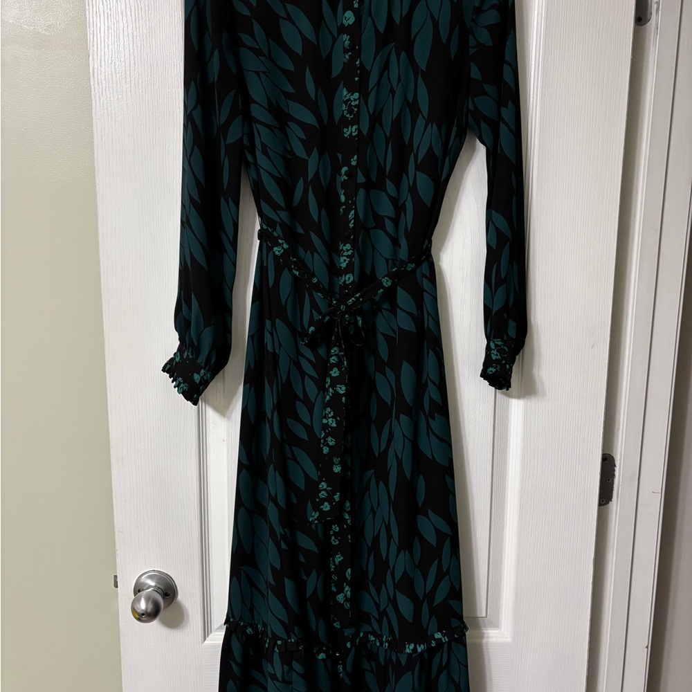 CAbi Autumn Black and Teal Leaf Pattern Long Sleeve Dress with slip.  Size S